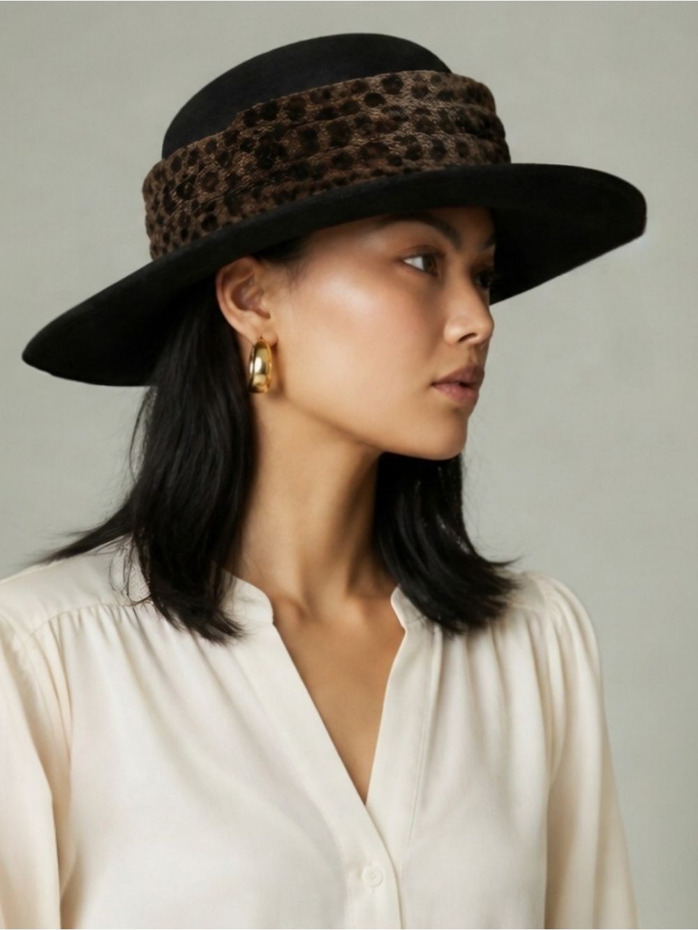 Capelli Straworld Black Wool Felt Hat Leopard Faux Fur Band